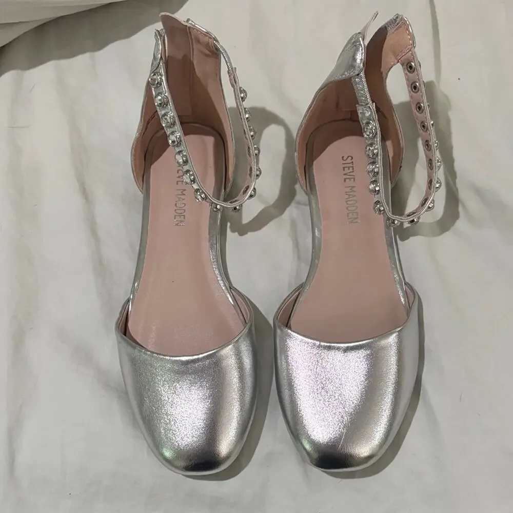 Steve Madden 2 Silver Flats with Embellished Straps flats nwt